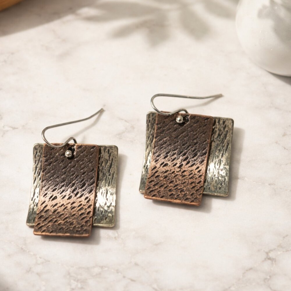 Hammered Curved Silver andβ Brass Square Earrings - New